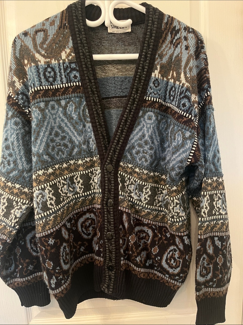 Shelby 80,s/90’s Blue and Brown Patterned Button-Front Cardigan-Made in 🇨🇦